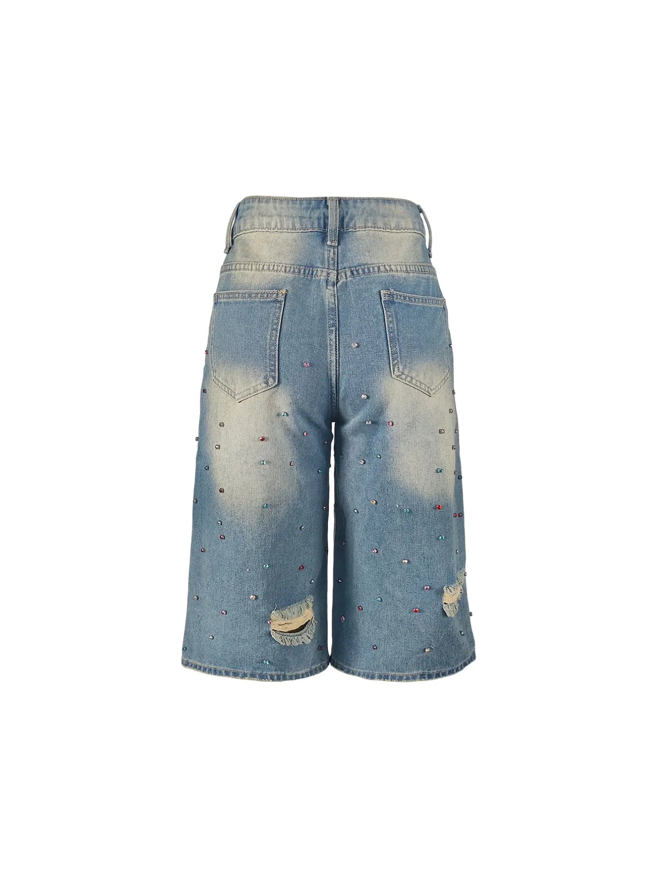 Vintage Light Wash Rhinestone Distressed Denim Capris, High Rise Oversized Baggy Fit 3/4 Jeans, Trendy 90S Hip Hop Streetwear Edgy Bottoms Pants Women