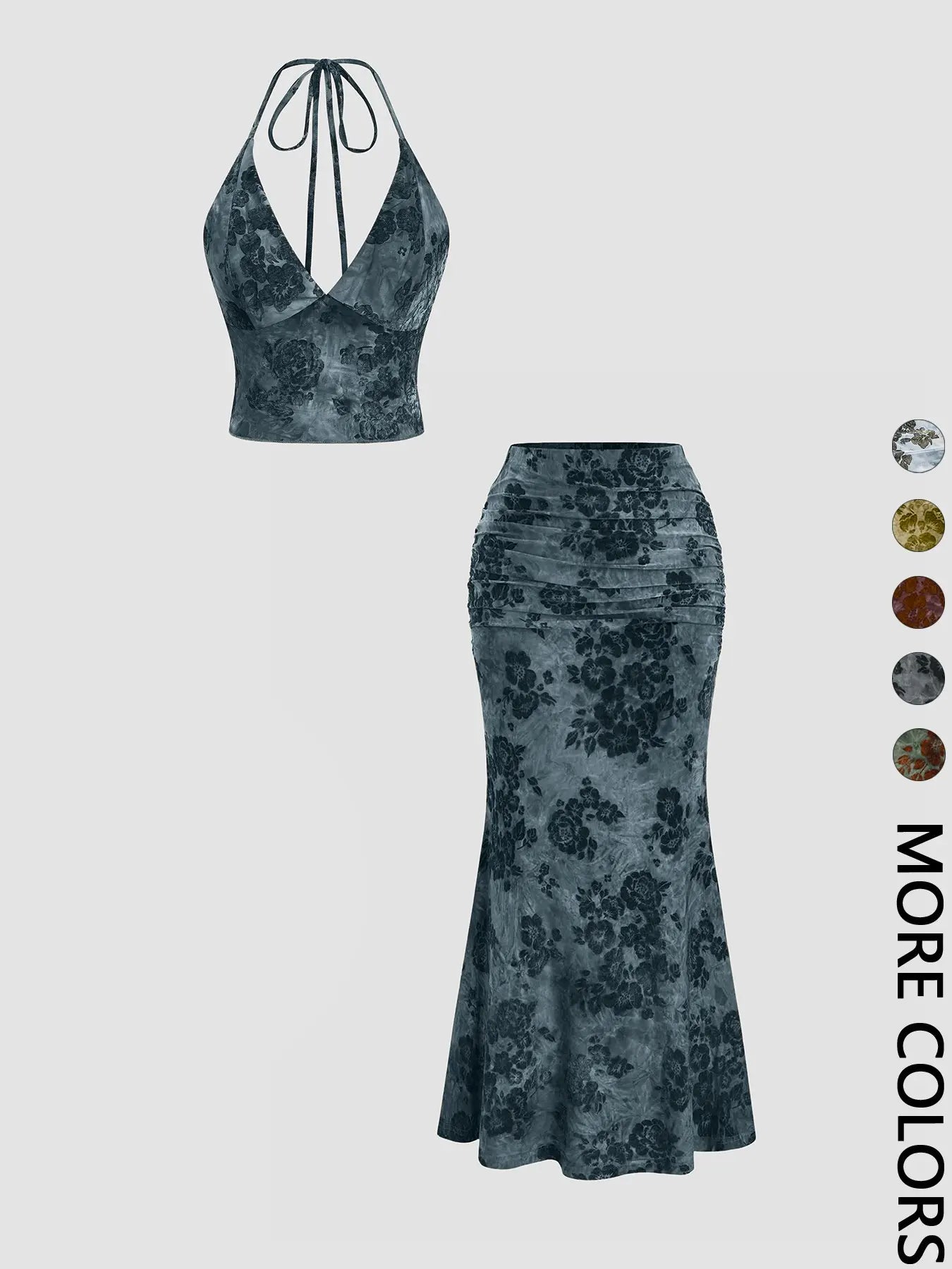 Women'S Floral Deep V Neck Crop Top & Fish Tail Skirt Set, Sexy Two-Piece, Back-To-School Fashion, All-Over Print Design