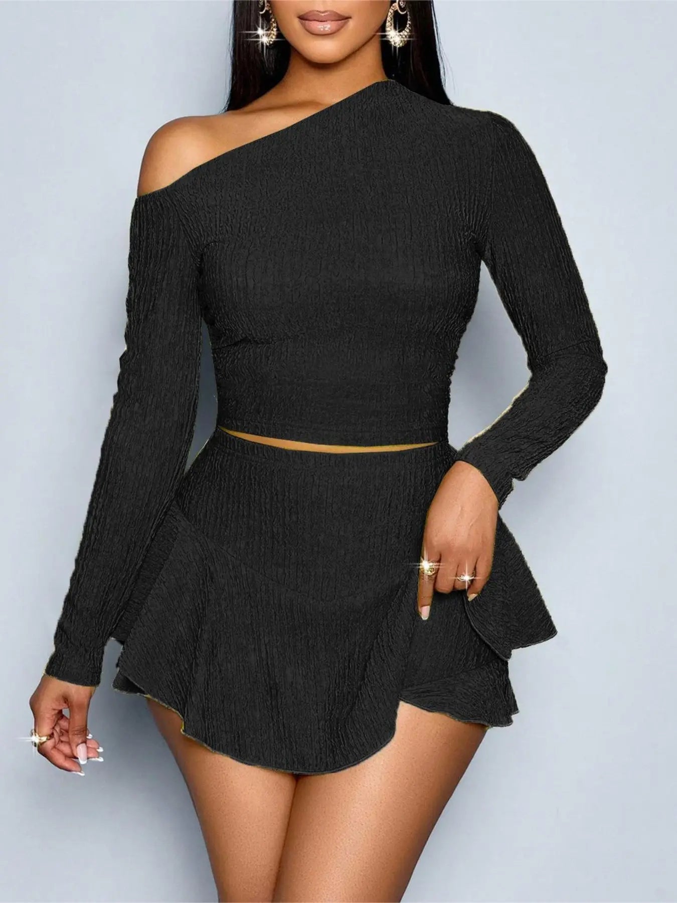 Elegant Women'S Sexy Asymmetrical Long Sleeve Top & Skirt Set, Perfect for Parties, Clubs, Music Festivals, Spring Summer, Outfit, Womenswear