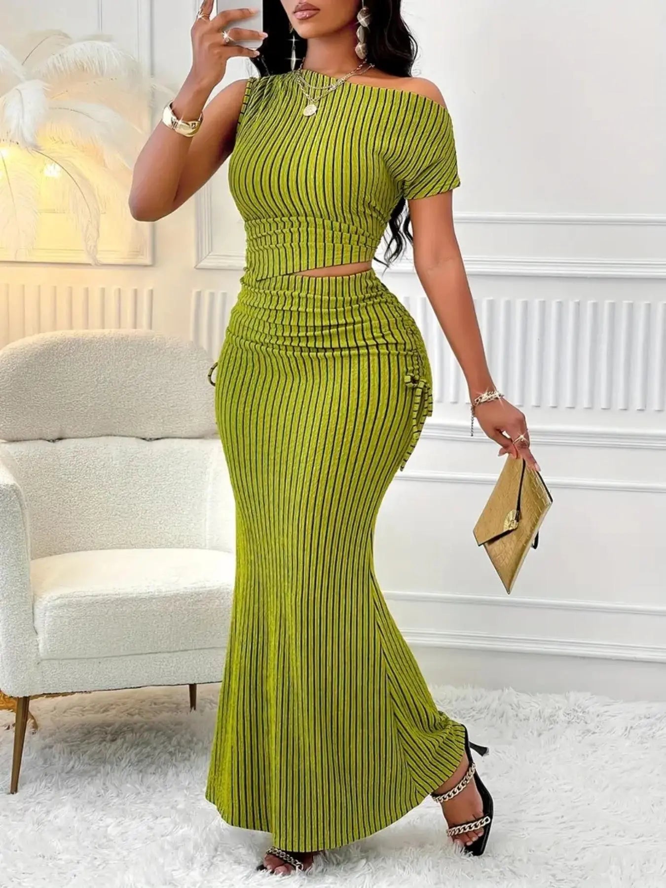 Women'S Solid Color Striped Ribbed Crop Top & Mermaid Skirt Two-Piece Set, Casual Fashion Cozy Top & Long Skirt for Daily Outdoor Wear, Ladies Clothes for All Seasons, Ribbed Knit Set, Womenswear