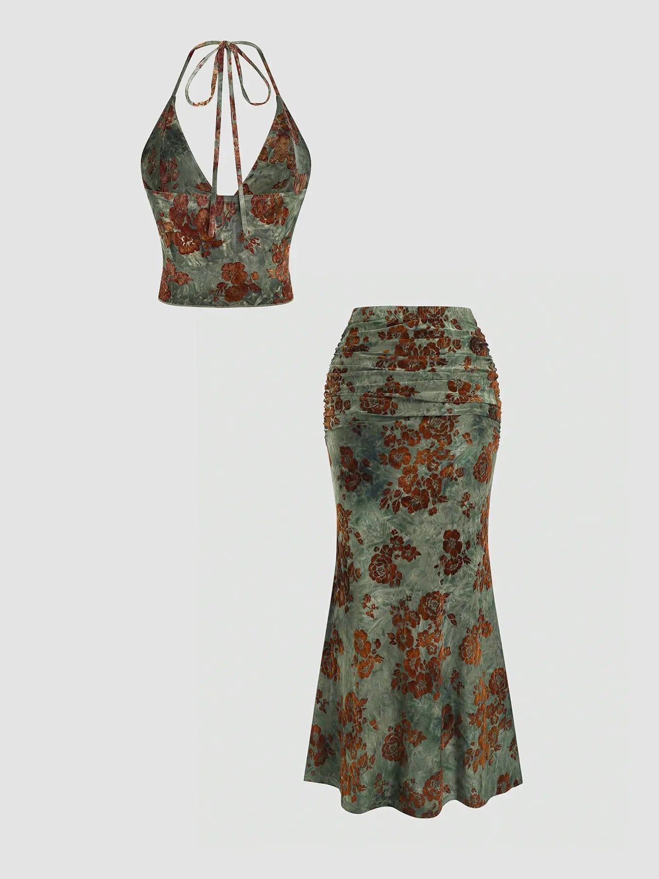 Women'S Floral Deep V Neck Crop Top & Fish Tail Skirt Set, Sexy Two-Piece, Back-To-School Fashion, All-Over Print Design