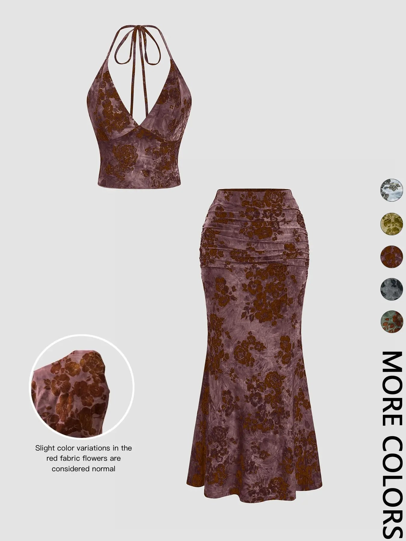 Women'S Floral Deep V Neck Crop Top & Fish Tail Skirt Set, Sexy Two-Piece, Back-To-School Fashion, All-Over Print Design