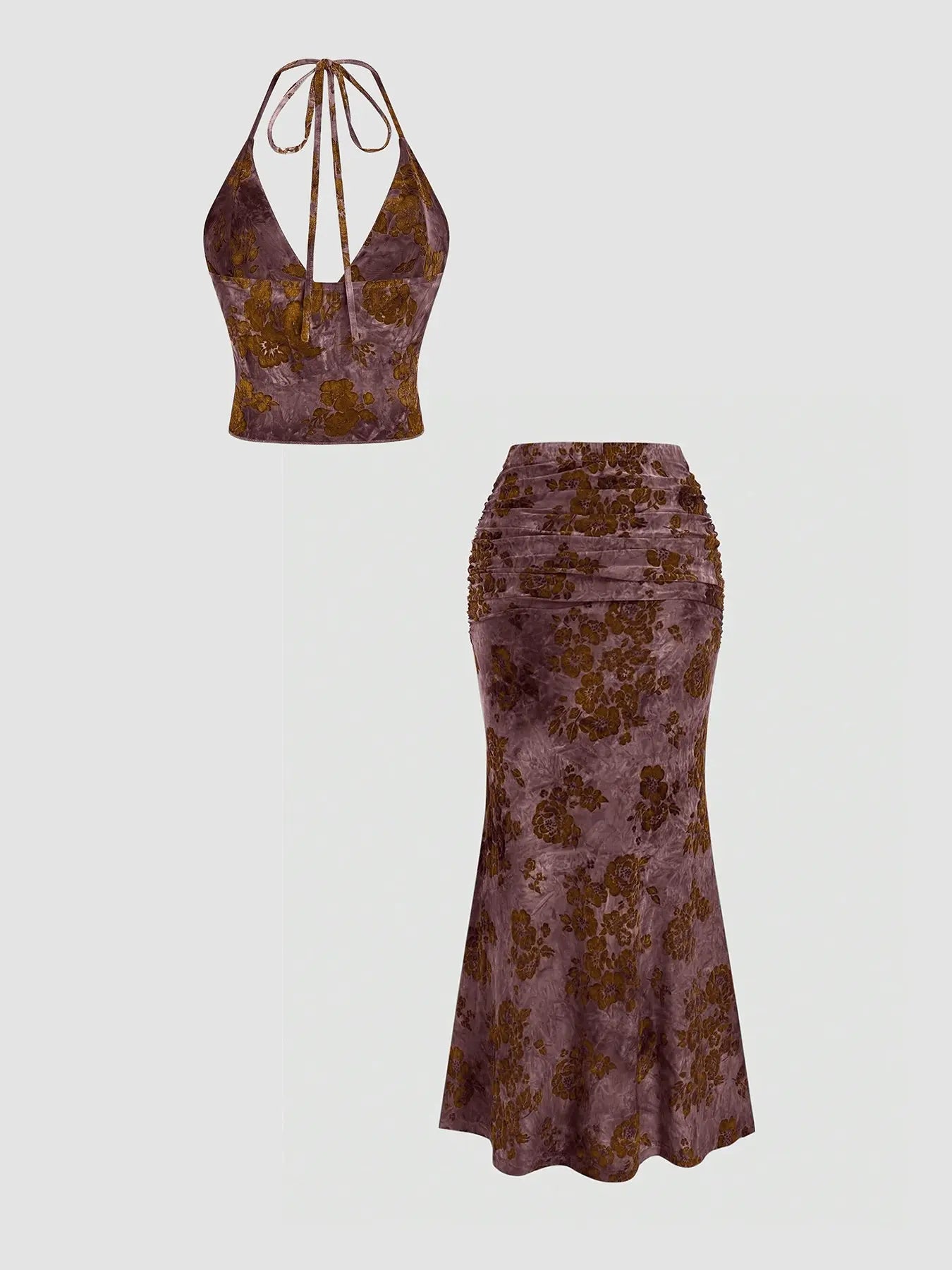 Women'S Floral Deep V Neck Crop Top & Fish Tail Skirt Set, Sexy Two-Piece, Back-To-School Fashion, All-Over Print Design