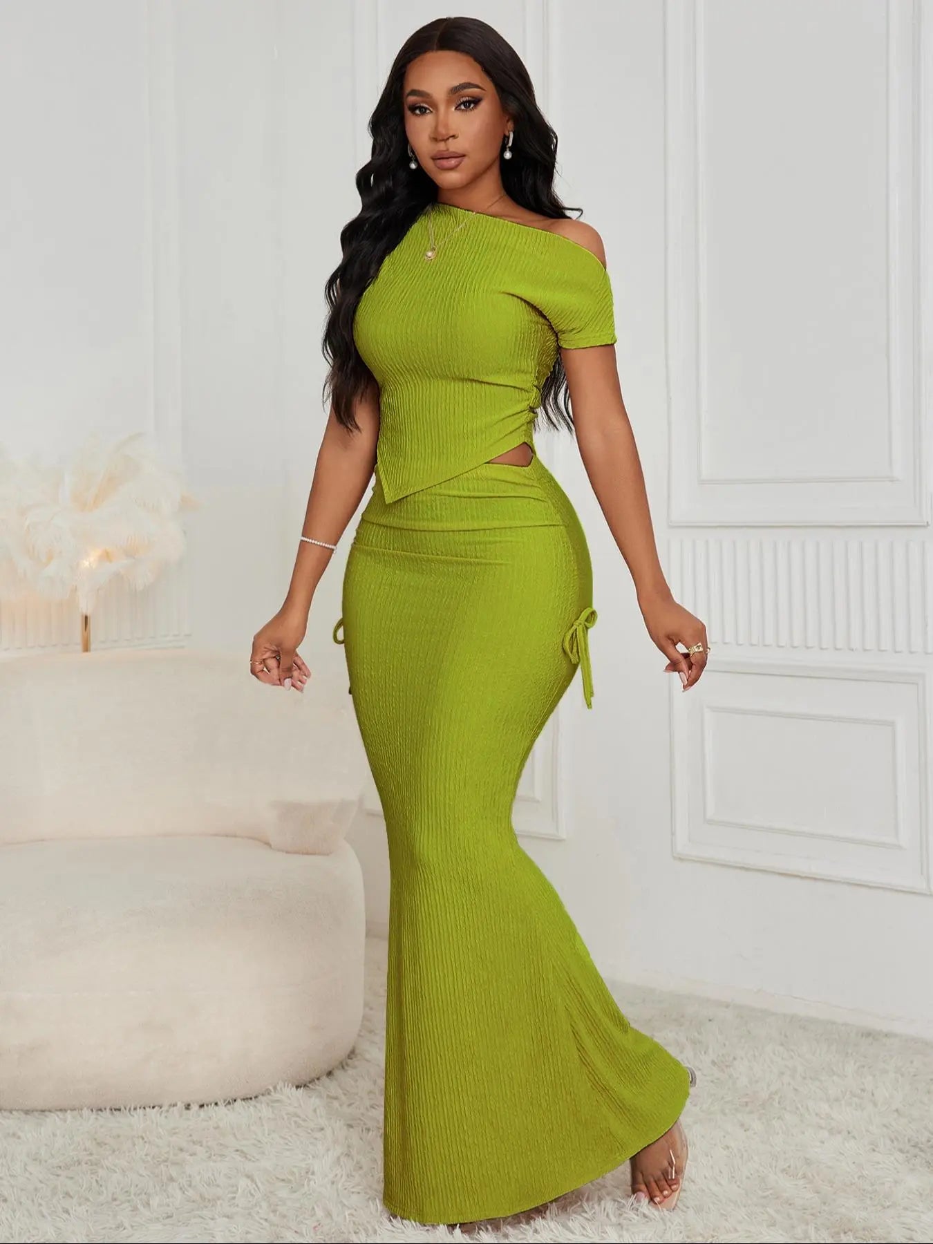 Women'S Solid Color Striped Ribbed Crop Top & Mermaid Skirt Two-Piece Set, Casual Fashion Cozy Top & Long Skirt for Daily Outdoor Wear, Ladies Clothes for All Seasons, Ribbed Knit Set, Womenswear