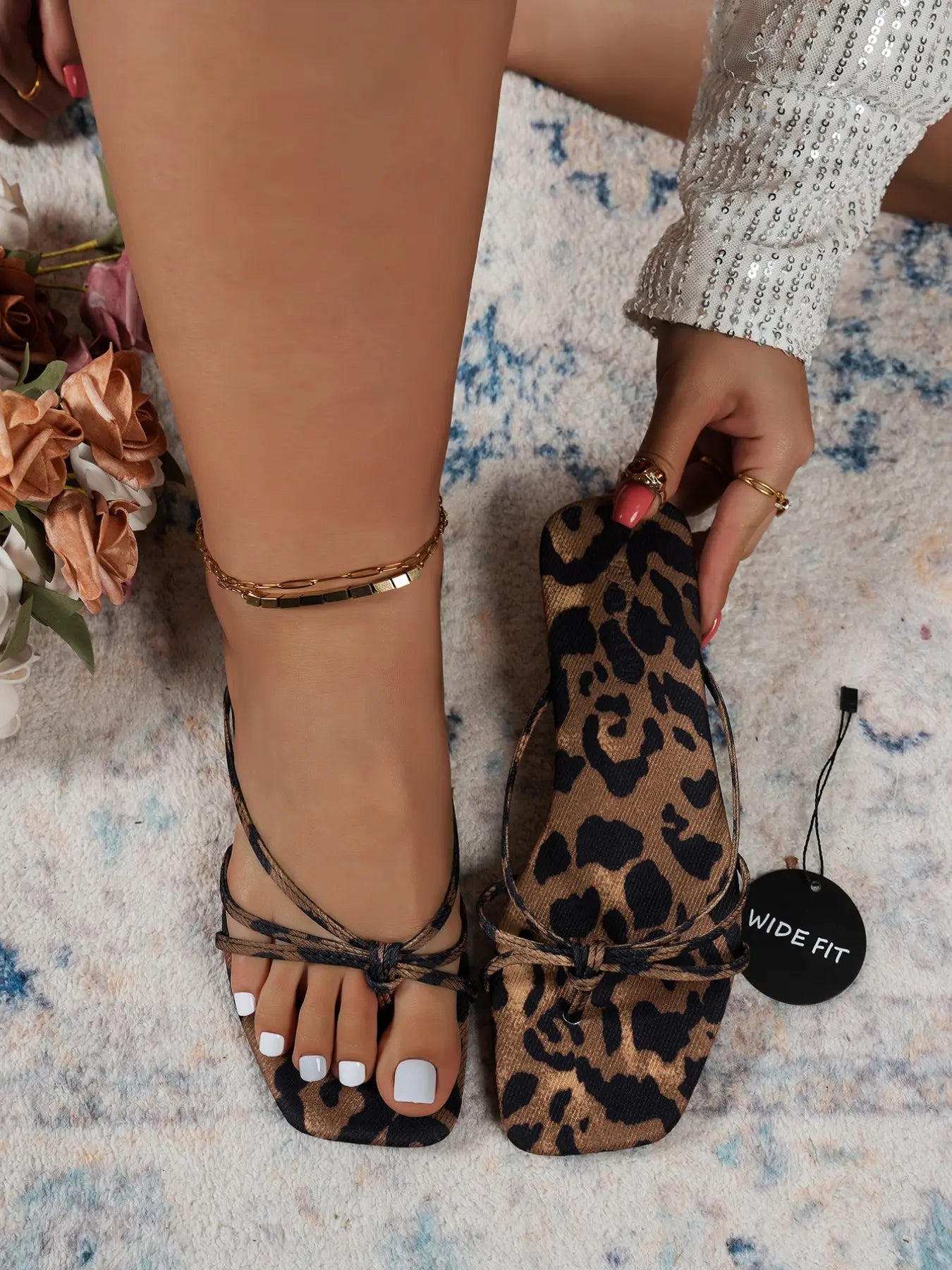 Women'S Wide Fit French Style Square Toe Leopard Print Flat Sandals, Summer Festival Vacation Fashion Casual Beach Shoes, Fashionable Casual Sandals