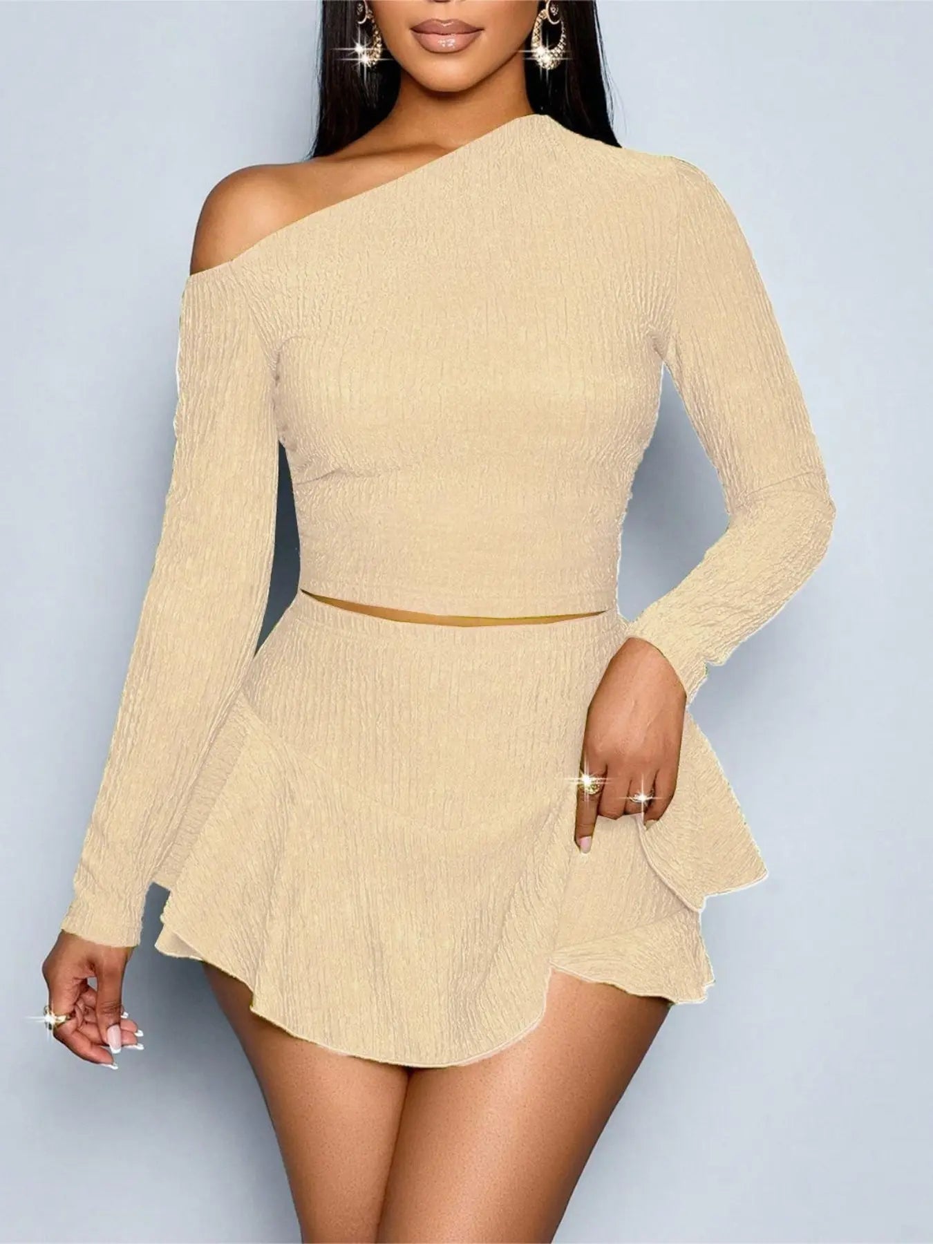 Elegant Women'S Sexy Asymmetrical Long Sleeve Top & Skirt Set, Perfect for Parties, Clubs, Music Festivals, Spring Summer, Outfit, Womenswear