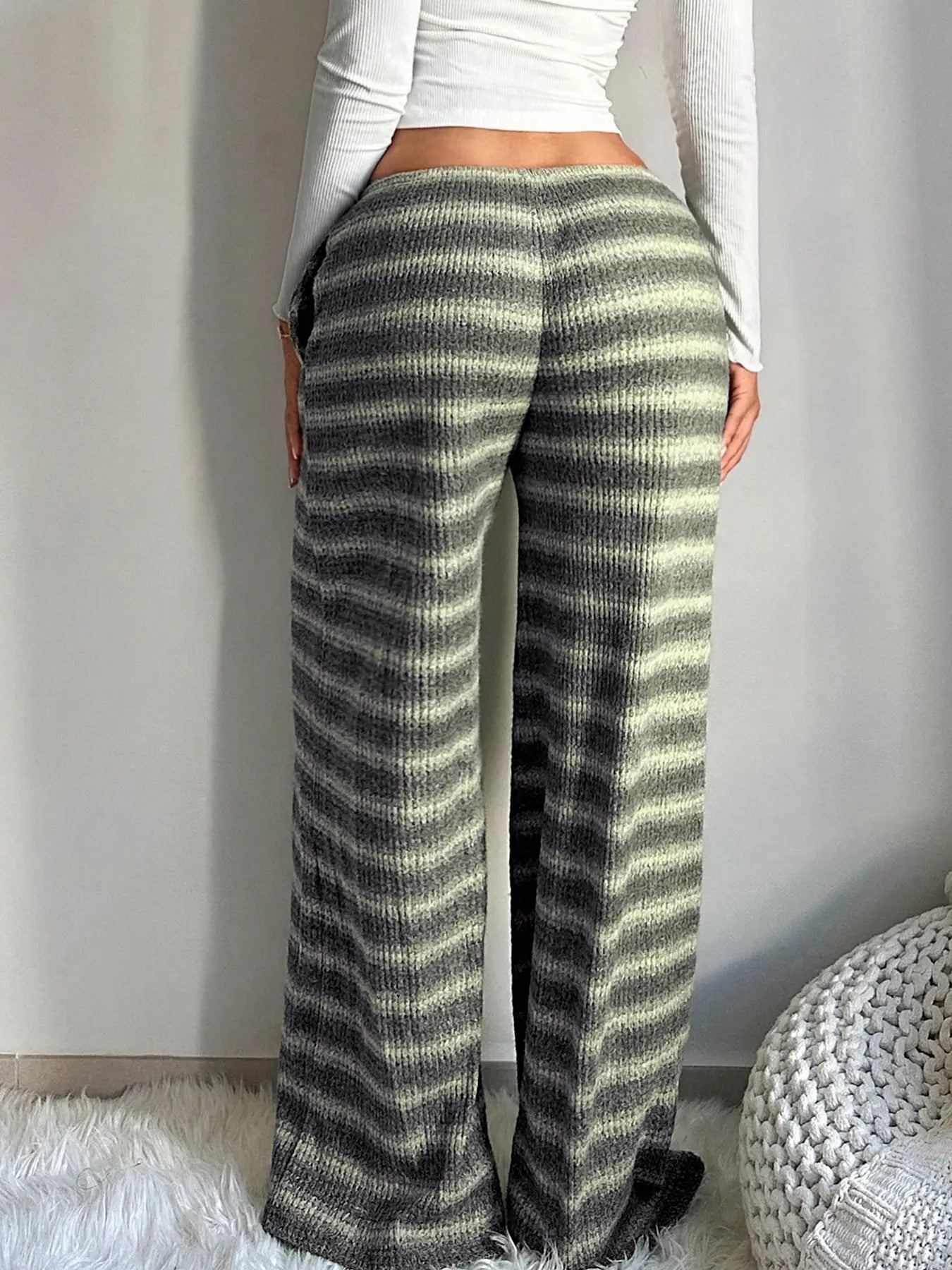 Women'S Comfortable Casual Low Waist Adjustable Drawstring Wide Leg Loose Knit Pants, Striped Design, Simple Style, Perfect for Daily Wear, Everyday, Bottoms