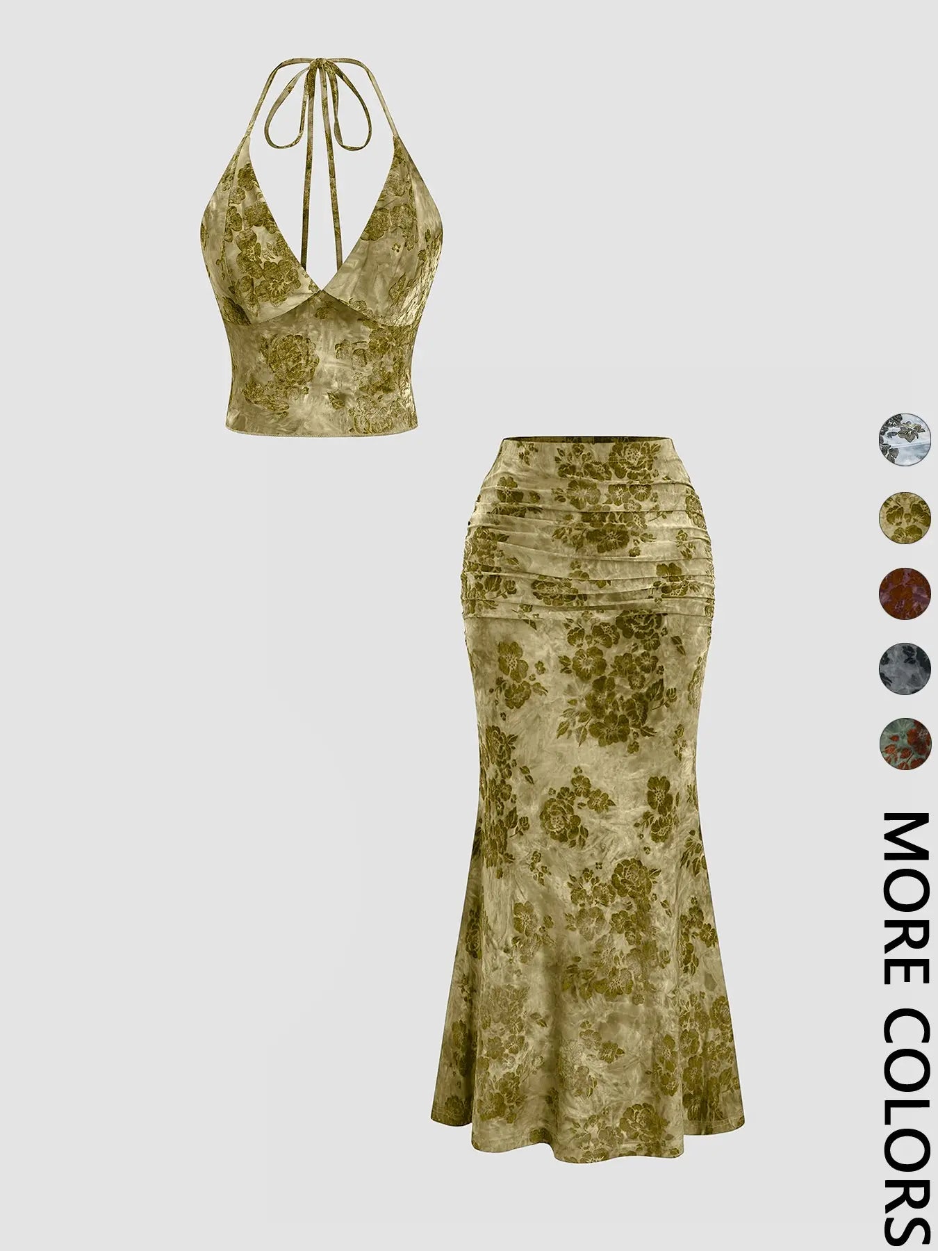 Women'S Floral Deep V Neck Crop Top & Fish Tail Skirt Set, Sexy Two-Piece, Back-To-School Fashion, All-Over Print Design