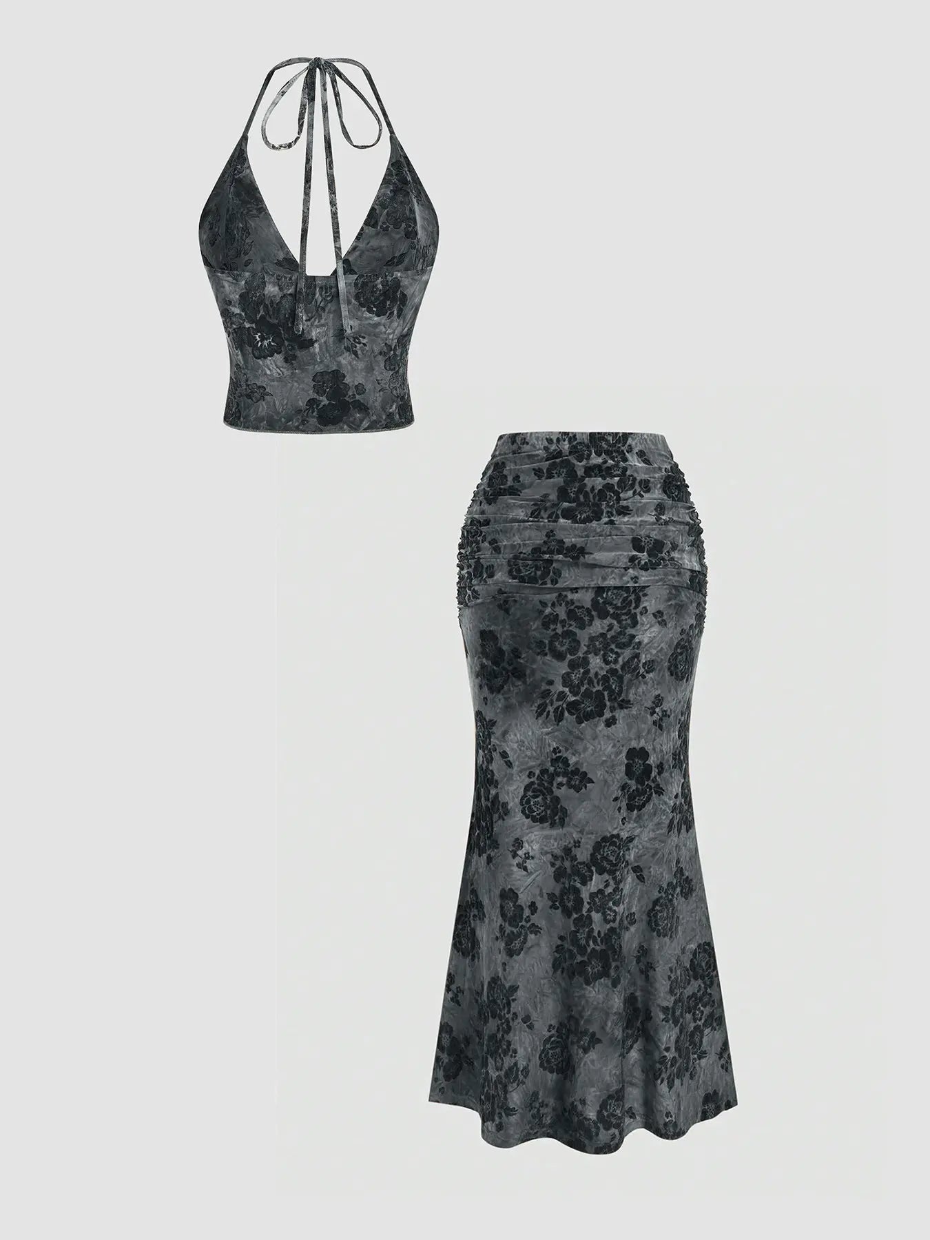 Women'S Floral Deep V Neck Crop Top & Fish Tail Skirt Set, Sexy Two-Piece, Back-To-School Fashion, All-Over Print Design