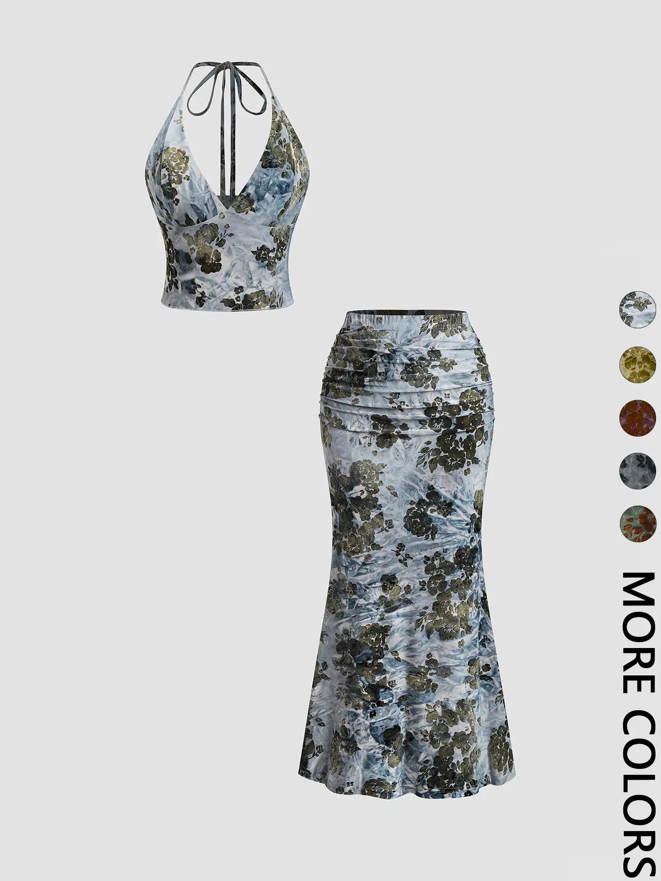 Women'S Floral Deep V Neck Crop Top & Fish Tail Skirt Set, Sexy Two-Piece, Back-To-School Fashion, All-Over Print Design