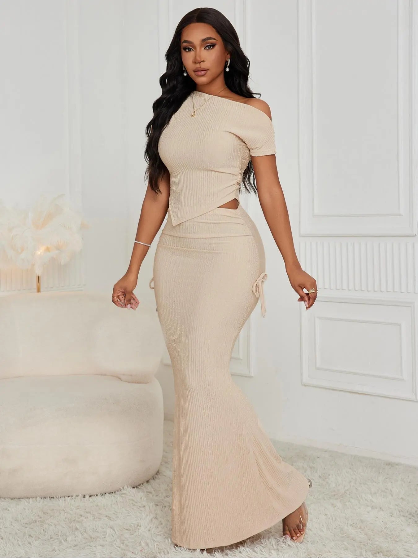 Women'S Solid Color Striped Ribbed Crop Top & Mermaid Skirt Two-Piece Set, Casual Fashion Cozy Top & Long Skirt for Daily Outdoor Wear, Ladies Clothes for All Seasons, Ribbed Knit Set, Womenswear